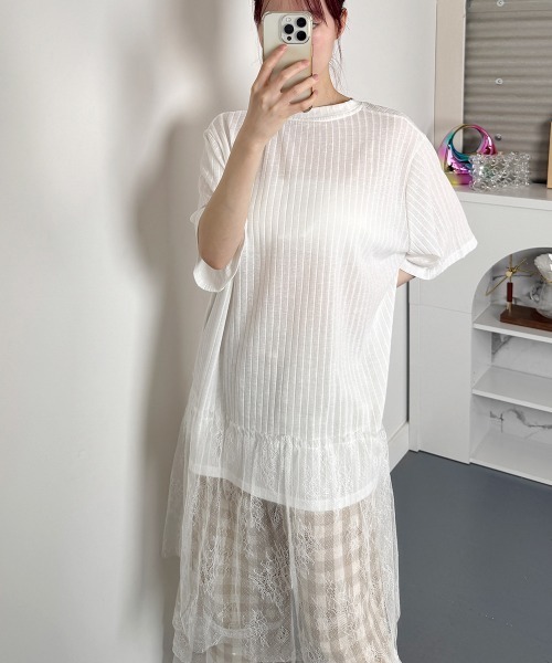 tシャツ 切替レース チュニック 半袖Tシャツ レディース セール】切替レース チュニック 半袖Tシャツ（Tシャツ