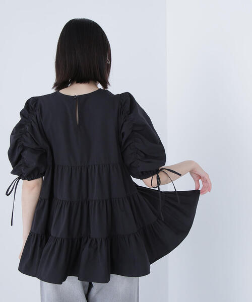 DES PRES ウェイビーチェック ギャザースリーブチュニックブラウス 日本製 美品♡DES PRES ウェイビーチェック ギャザースリーブチュニック