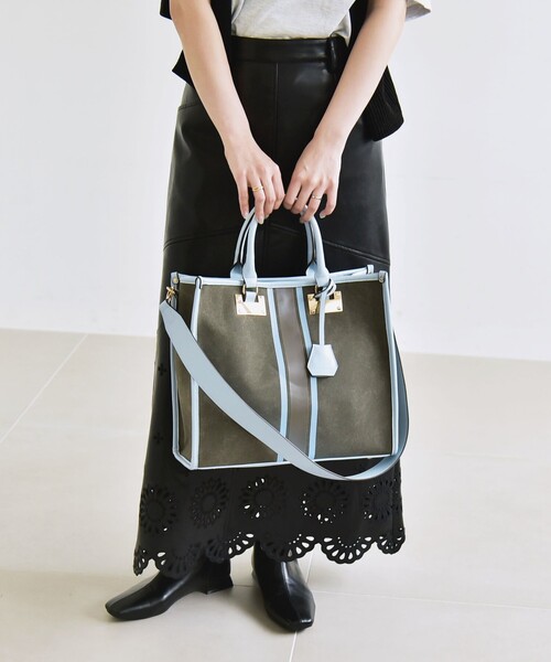 セール】quaranciel: 2way パイピング ライン スクエア トート バッグ