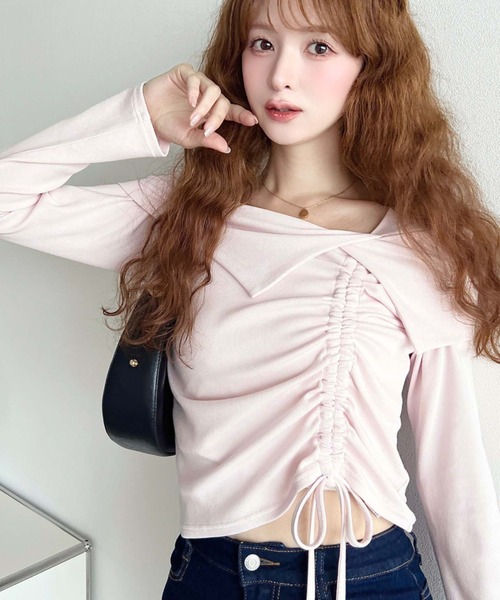moment+(モーメントプラス)の「アシメカラードロスト長袖リブカットソートップス(Tシャツ/カットソー・レディース・チャコールグレー/ブラック/アイボリー/ネイビー/ピンク・M/L)」の5枚目の写真