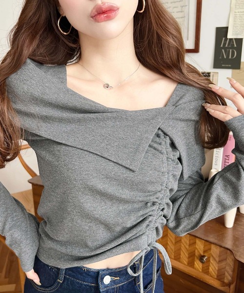 moment+(モーメントプラス)の「アシメカラードロスト長袖リブカットソートップス(Tシャツ/カットソー・レディース・チャコールグレー/ブラック/アイボリー/ネイビー/ピンク・M/L)」の3枚目の写真