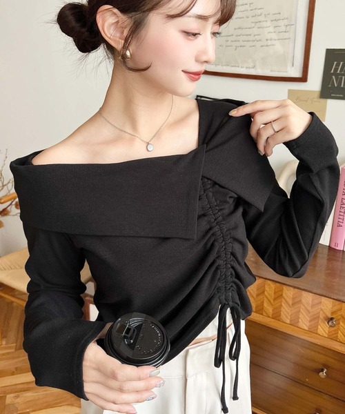 セール】アシメカラードロスト長袖リブカットソートップス（Tシャツ