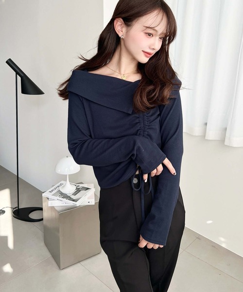 セール】アシメカラードロスト長袖リブカットソートップス（Tシャツ