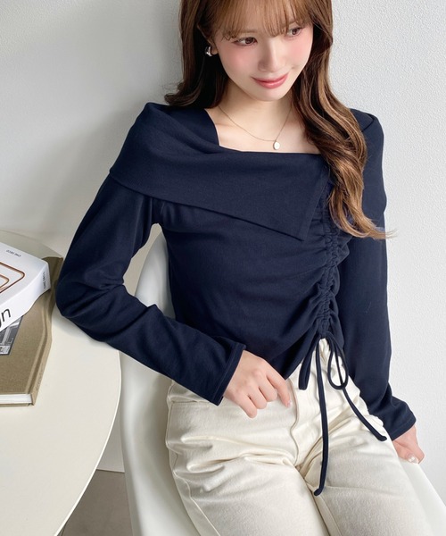 セール】アシメカラードロスト長袖リブカットソートップス（Tシャツ