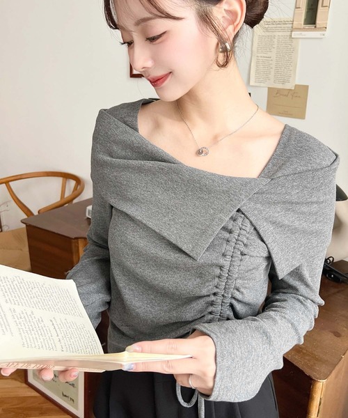 moment+(モーメントプラス)の「アシメカラードロスト長袖リブカットソートップス(Tシャツ/カットソー・レディース・チャコールグレー/ブラック/アイボリー/ネイビー/ピンク・M/L)」の8枚目の写真