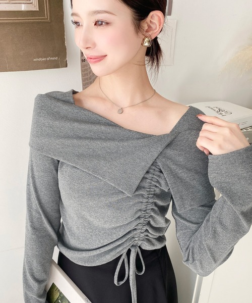 セール】アシメカラードロスト長袖リブカットソートップス（Tシャツ