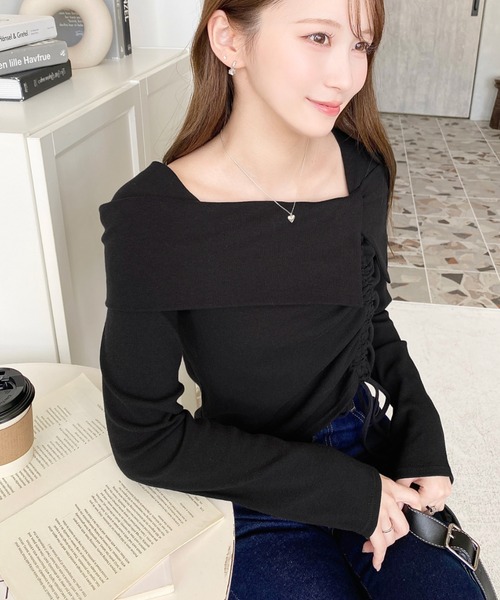 moment+(モーメントプラス)の「アシメカラードロスト長袖リブカットソートップス(Tシャツ/カットソー・レディース・チャコールグレー/ブラック/アイボリー/ネイビー/ピンク・M/L)」の14枚目の写真