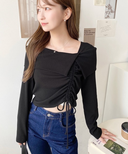 moment+(モーメントプラス)の「アシメカラードロスト長袖リブカットソートップス(Tシャツ/カットソー・レディース・チャコールグレー/ブラック/アイボリー/ネイビー/ピンク・M/L)」の15枚目の写真