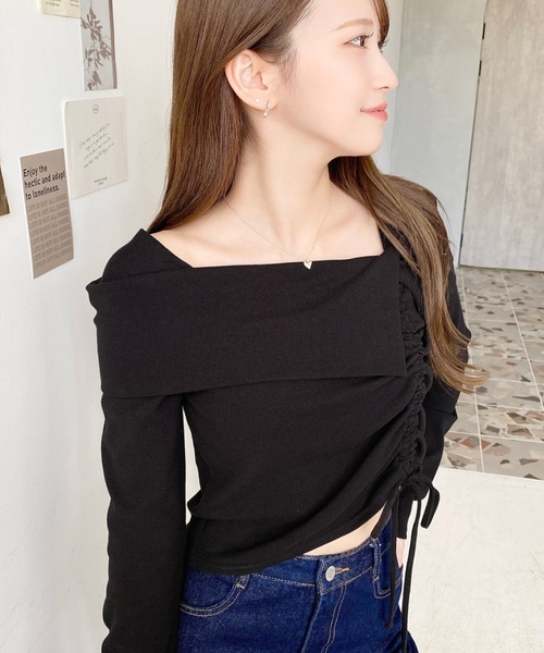 moment+(モーメントプラス)の「アシメカラードロスト長袖リブカットソートップス(Tシャツ/カットソー・レディース・チャコールグレー/ブラック/アイボリー/ネイビー/ピンク・M/L)」の12枚目の写真
