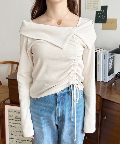 moment+(モーメントプラス)の「アシメカラードロスト長袖リブカットソートップス(Tシャツ/カットソー・レディース・チャコールグレー/ブラック/アイボリー/ネイビー/ピンク・M/L)」の16枚目の写真