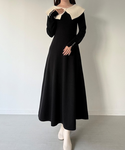美品 エムズグレイシー ツイード ニット ワンピース フレア M 黒 セール】クラシカルカラーフレアニットワンピース（ワンピース