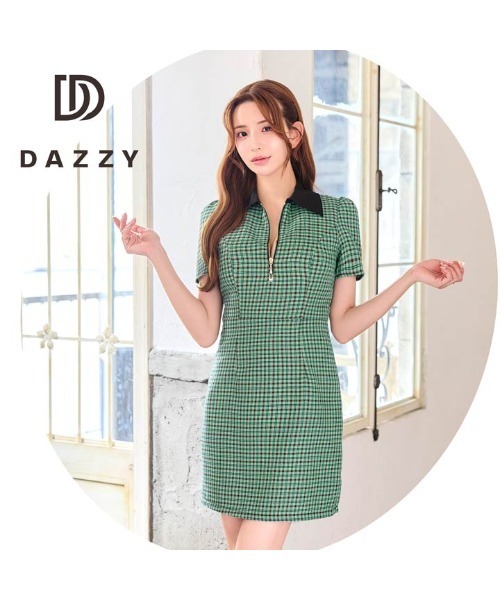 DAZZY(デイジー)の「襟付きツイードチェックフロントジップ半袖タイトミニドレス(ドレス・レディース・ホワイト×ブラック/グリーン・S/M/L)」の14枚目の写真