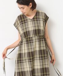 【リンクコーデ・洗える】ウエストドロスト付きチェック柄ワンピース