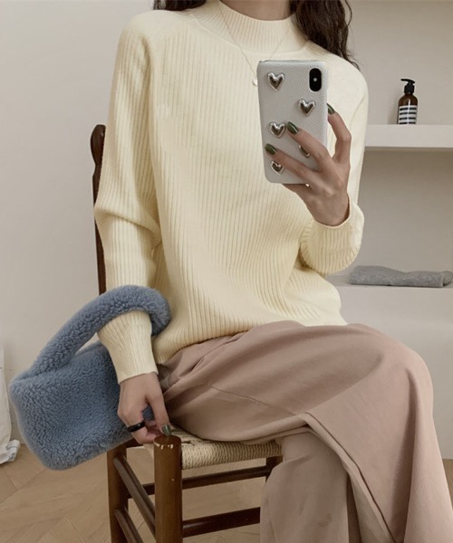 shoppinggo(ショッピングゴー)の「ニットトップス レディース 長袖 リブニット ハイネック 無地 薄手 セーター オフィス OL(ニット/セーター・レディース・ブルー/キャメル/ワインレッド/ベージュ/ブラック・FREE)」の14枚目の写真