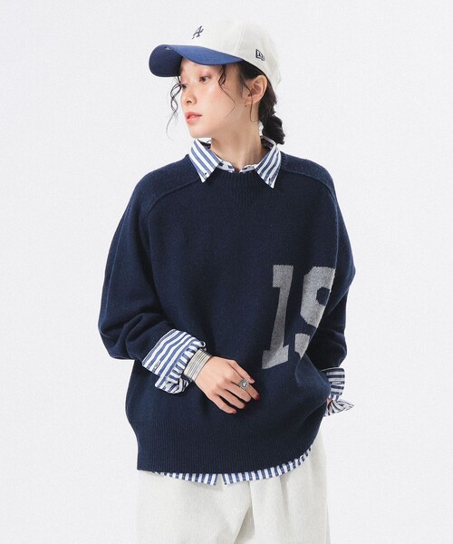 BEAMS BOY（ビームスボーイ）の「ビッグ ロゴ クルーネック ニット（ニット/セーター・レディース・グレー/ネイビー・ONE SIZE）」の6枚目の写真