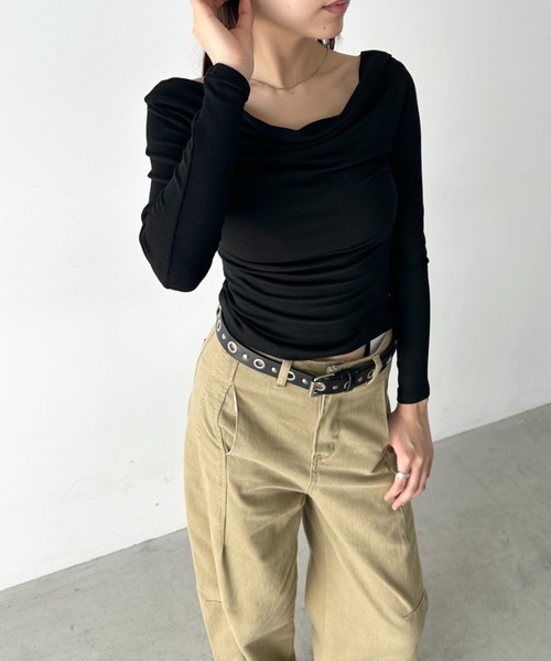 Bamm(バム)の「カウルネックドレープコンパクトトップス(Tシャツ/カットソー・レディース・ベージュ/ホワイト/ブラウン/ブラック/グレー・FREE)」の10枚目の写真
