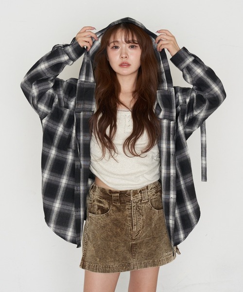 セール】袖スリットフードチェックシャツ（シャツ/ブラウス）｜RAY