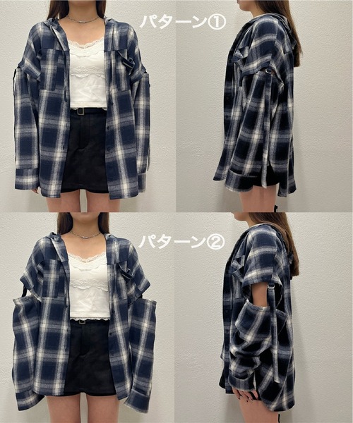 RAY CASSIN（レイカズン）の「袖スリットフードチェックシャツ（シャツ/ブラウス・レディース・ブラウン/ブラック/ブルー/カーキ・FREE）」の19枚目の写真