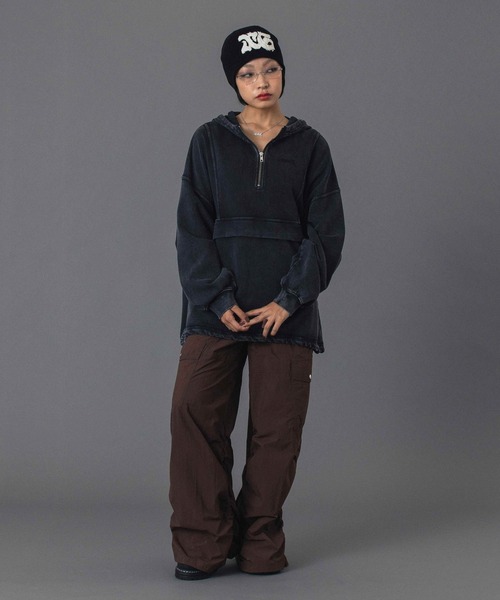 X-girl（エックスガール）の「DISTRESSED LOGO PATCH BEANIE（ニット