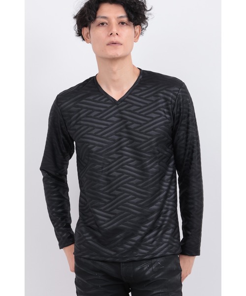 TORNADO MART(トルネードマート)の「ブライトフクレダイヤJQVネックカットソー(Tシャツ/カットソー・メンズ・ブラック/ボルドー・MEDIUM/LARGE/LL)」の1枚目の写真