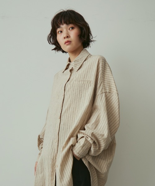 full/fill.（フルフィル）の「natural stripe over shirt / ナチュラルストライプオーバーシャツ（シャツ/ブラウス・レディース・ブラック/アイボリー/ブラウン・FREE）」の5枚目の写真