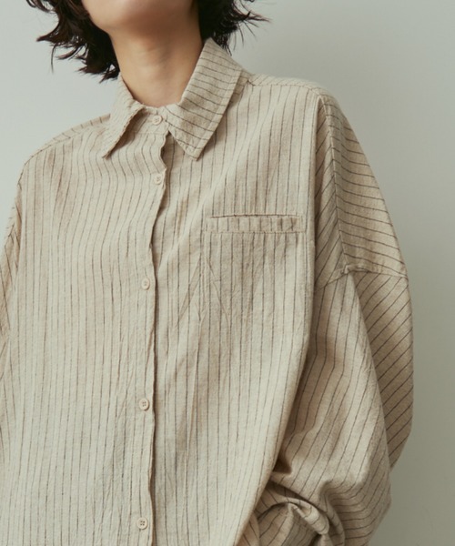 full/fill.（フルフィル）の「natural stripe over shirt / ナチュラルストライプオーバーシャツ（シャツ/ブラウス・レディース・ブラック/アイボリー/ブラウン・FREE）」の4枚目の写真