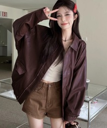 VIBGYOR | PU オーバーサイズシャツジャケット/韓国ファッション アウター 秋冬 (CZ)(その他アウター)
