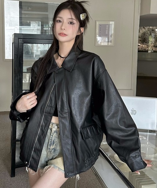 VIBGYOR（ヴィブジョー）の「PU オーバーサイズシャツジャケット/韓国ファッション アウター 秋冬 (CZ)（その他アウター・レディース・ブラック/ブラウン・L/M）」の2枚目の写真