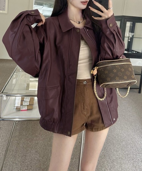 VIBGYOR（ヴィブジョー）の「PU オーバーサイズシャツジャケット/韓国ファッション アウター 秋冬 (CZ)（その他アウター・レディース・ブラック/ブラウン・L/M）」の16枚目の写真