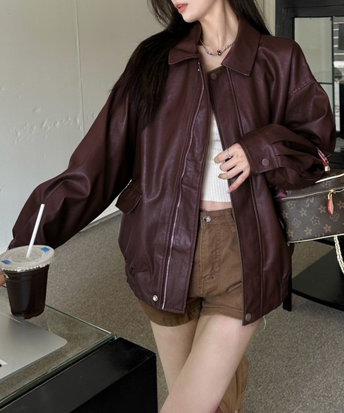 VIBGYOR（ヴィブジョー）の「PU オーバーサイズシャツジャケット/韓国ファッション アウター 秋冬 (CZ)（その他アウター・レディース・ブラック/ブラウン・L/M）」の17枚目の写真
