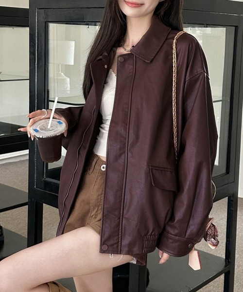 VIBGYOR（ヴィブジョー）の「PU オーバーサイズシャツジャケット/韓国ファッション アウター 秋冬 (CZ)（その他アウター・レディース・ブラック/ブラウン・L/M）」の18枚目の写真