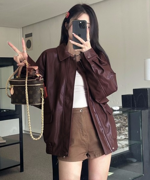 VIBGYOR（ヴィブジョー）の「PU オーバーサイズシャツジャケット/韓国ファッション アウター 秋冬 (CZ)（その他アウター・レディース・ブラック/ブラウン・L/M）」の19枚目の写真