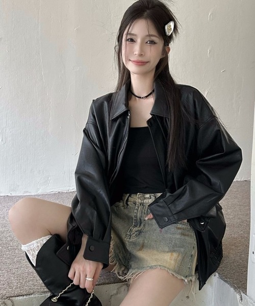 VIBGYOR（ヴィブジョー）の「PU オーバーサイズシャツジャケット/韓国ファッション アウター 秋冬 (CZ)（その他アウター・レディース・ブラック/ブラウン・L/M）」の21枚目の写真