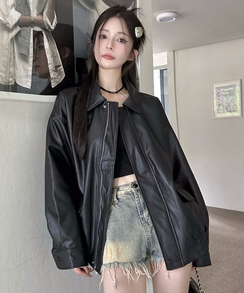 VIBGYOR（ヴィブジョー）の「PU オーバーサイズシャツジャケット/韓国ファッション アウター 秋冬 (CZ)（その他アウター・レディース・ブラック/ブラウン・L/M）」の22枚目の写真