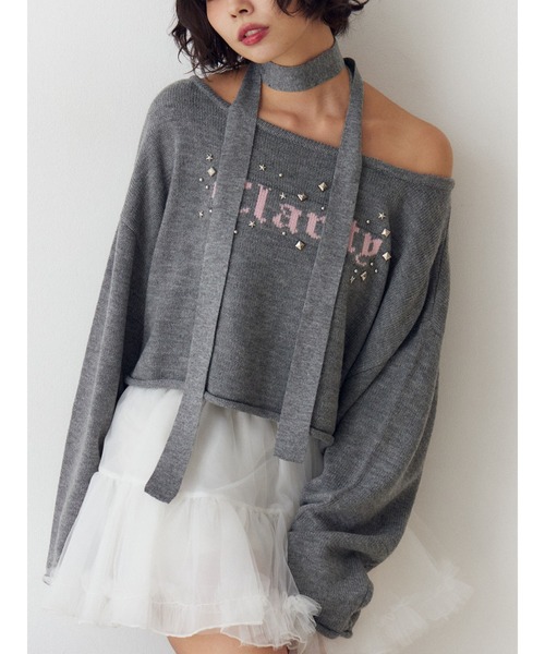 jouetie（ジュエティ）の「オフショルチョーカーショートニット（ニット/セーター・レディース・アイボリー/ブラック/グレー・MEDIUM）」の3枚目の写真