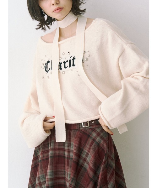 jouetie（ジュエティ）の「オフショルチョーカーショートニット（ニット/セーター・レディース・アイボリー/ブラック/グレー・MEDIUM）」の2枚目の写真