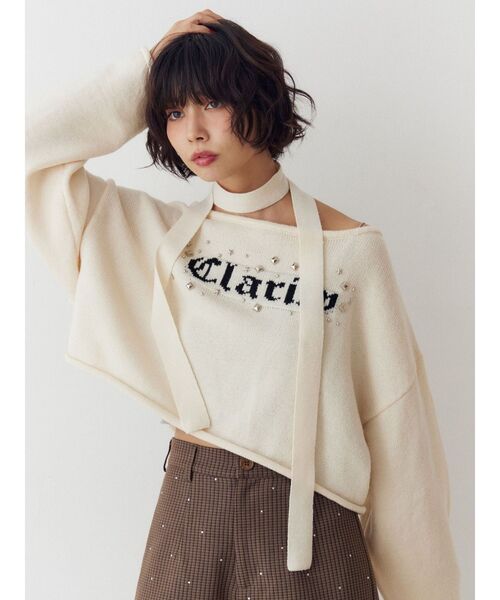 jouetie（ジュエティ）の「オフショルチョーカーショートニット（ニット/セーター・レディース・アイボリー/ブラック/グレー・MEDIUM）」の4枚目の写真