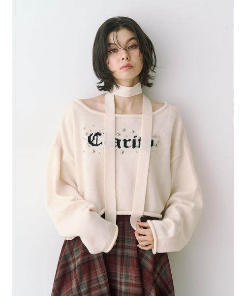 jouetie（ジュエティ）の「オフショルチョーカーショートニット（ニット/セーター・レディース・アイボリー/ブラック/グレー・MEDIUM）」の5枚目の写真