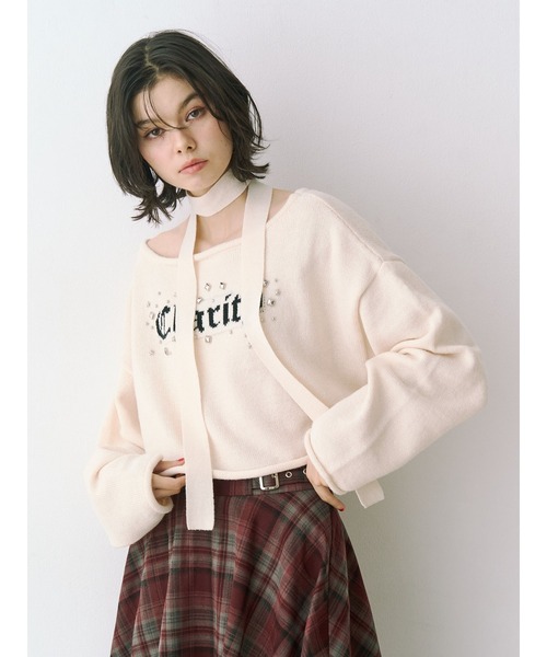 jouetie（ジュエティ）の「オフショルチョーカーショートニット（ニット/セーター・レディース・アイボリー/ブラック/グレー・MEDIUM）」の7枚目の写真