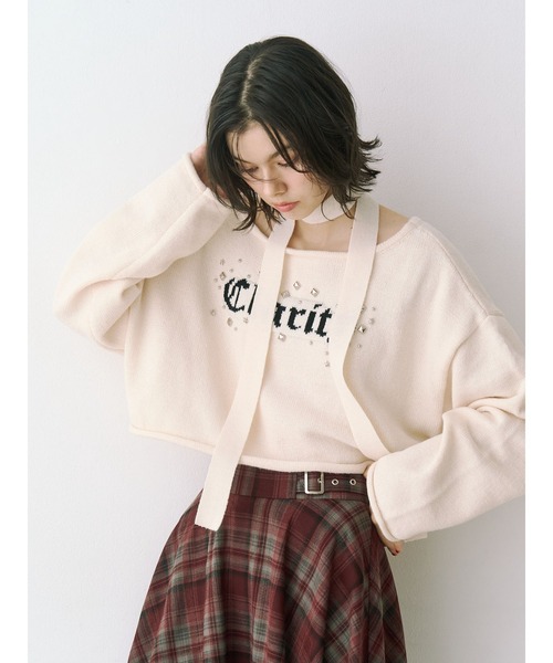 jouetie（ジュエティ）の「オフショルチョーカーショートニット（ニット/セーター・レディース・アイボリー/ブラック/グレー・MEDIUM）」の6枚目の写真