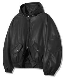 TRILLION（トリリオン）の「2WAY Elbow Patch Leather Hooded Jacket_Black（ライダースジャケット・メンズ）」