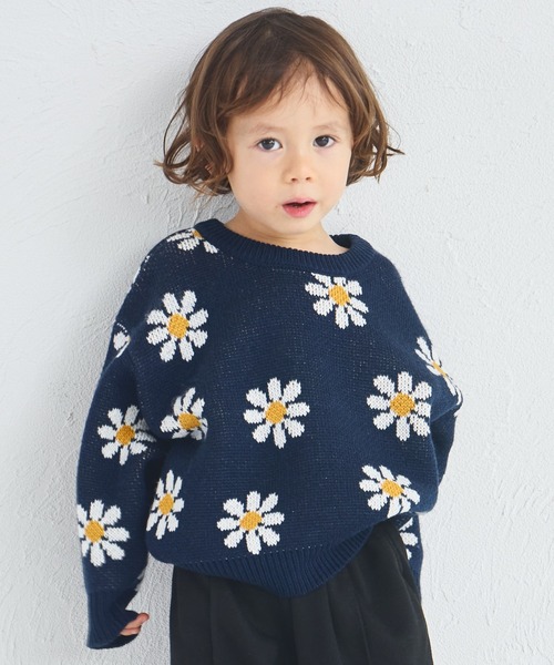 pairmanon(ペアマノン)の「ユニセックス フラワージャガード 総柄 ニット(ニット/セーター・キッズ・アイボリー/ネイビー・XS/S/M/L)」の2枚目の写真