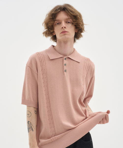 BLOND9(ブロンドナイン)の「ソフトケーブルカラー半袖ニット_ピンク(ニット/セーター・メンズ・その他・LARGE/MEDIUM/X-LARGE)」の2枚目の写真