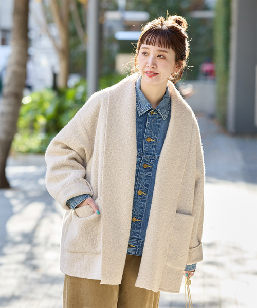 B.C STOCK（ベーセーストック）の「《追加》ブークレージャージ着流しコート（その他アウター・レディース・ブラック/ベージュ・FREE）」の2枚目の写真