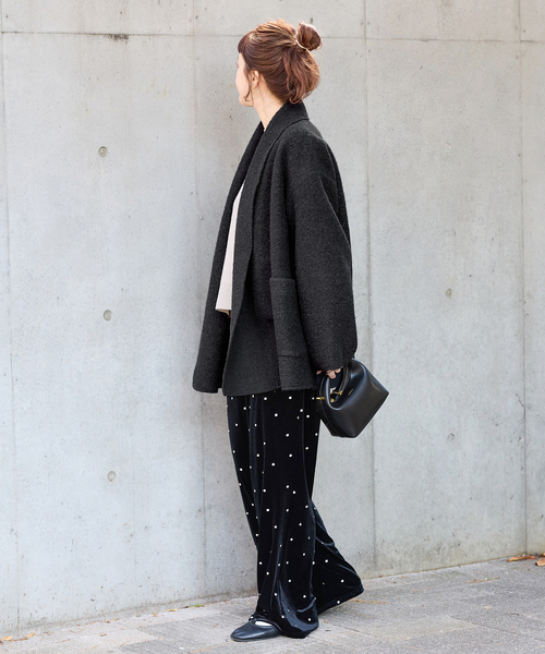 B.C STOCK（ベーセーストック）の「《追加》ブークレージャージ着流しコート（その他アウター・レディース・ブラック/ベージュ・FREE）」の4枚目の写真