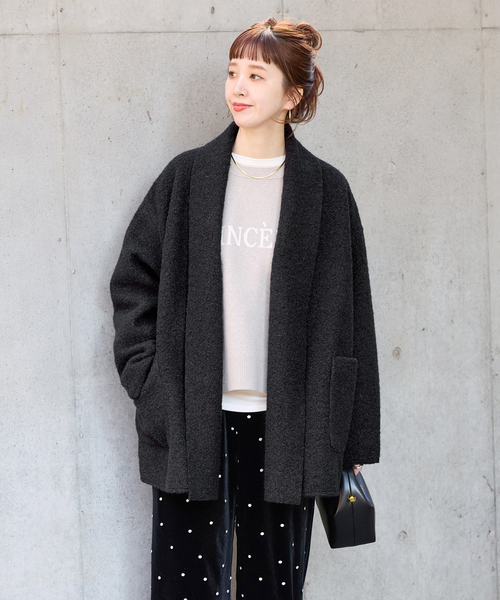 B.C STOCK（ベーセーストック）の「《追加》ブークレージャージ着流しコート（その他アウター・レディース・ブラック/ベージュ・FREE）」の6枚目の写真