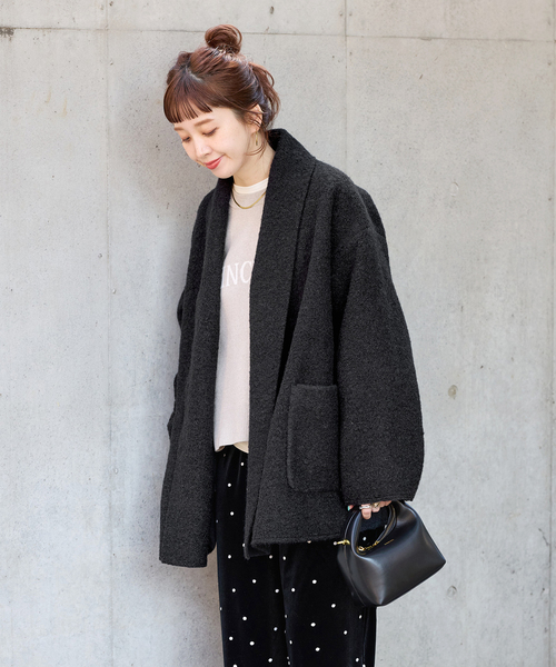 B.C STOCK（ベーセーストック）の「《追加》ブークレージャージ着流しコート（その他アウター・レディース・ブラック/ベージュ・FREE）」の7枚目の写真