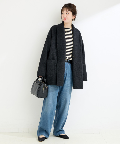 B.C STOCK（ベーセーストック）の「《追加》ブークレージャージ着流しコート（その他アウター・レディース・ブラック/ベージュ・FREE）」の10枚目の写真