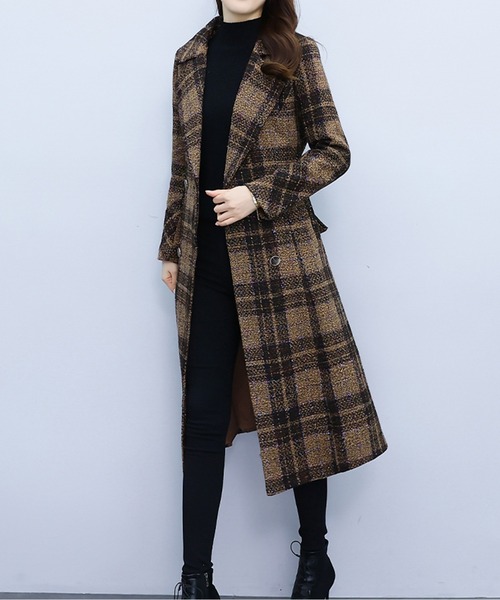 ツイード調チェック柄ベルト付きロングコート（その他アウター