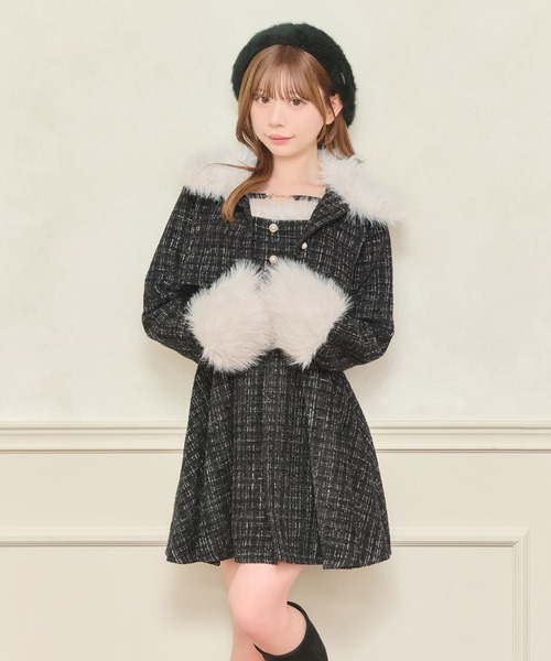 セール】【セット着用可能】ファー付きツイードショートジャケット